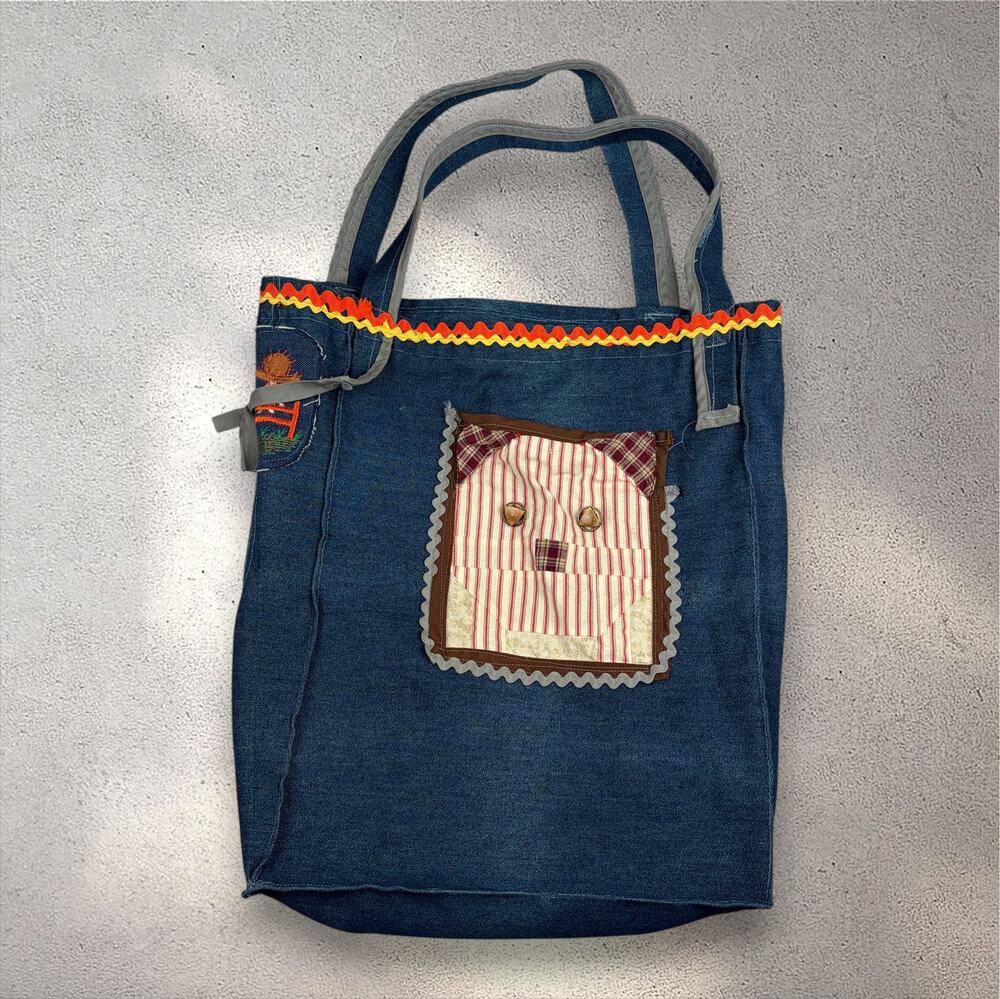 2000s Handmade Patchwork Denim Tote Bag Cottagecore Autumn Whimsy Thanksgiving - Picture 1 of 13